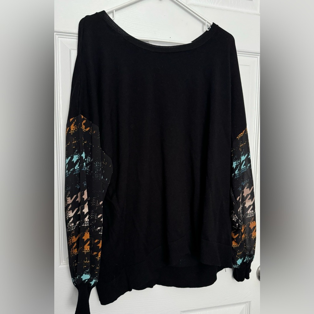 Black OVLA Top Graphic Patterned Contrast Sheer Long Balloon Sleeve 2X Pullover